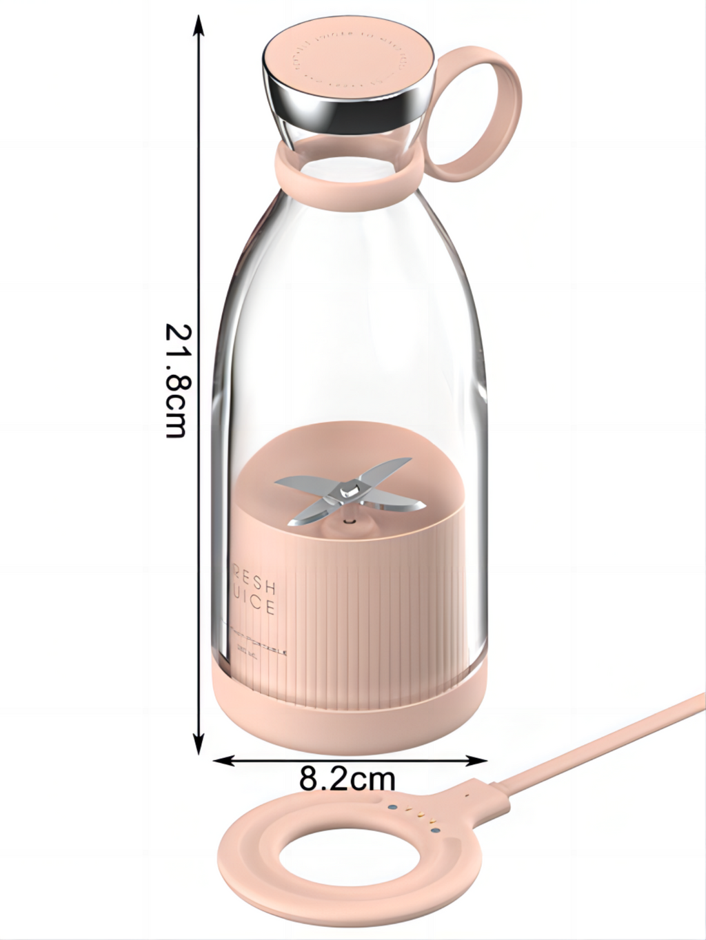 Portable blender with measurements on a white background