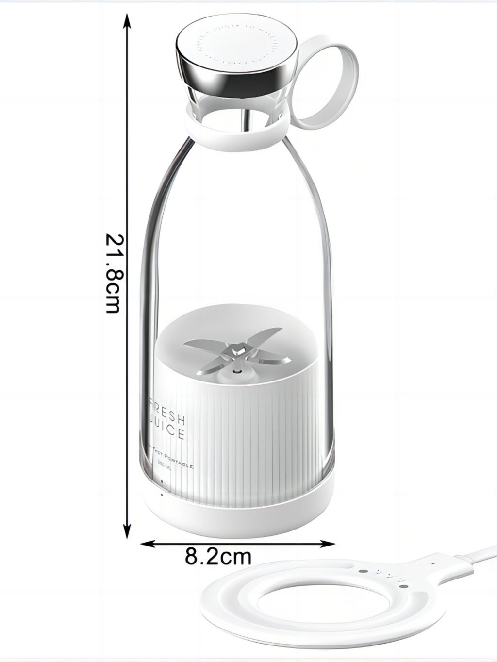 White blender with dimensions labeled on a white background