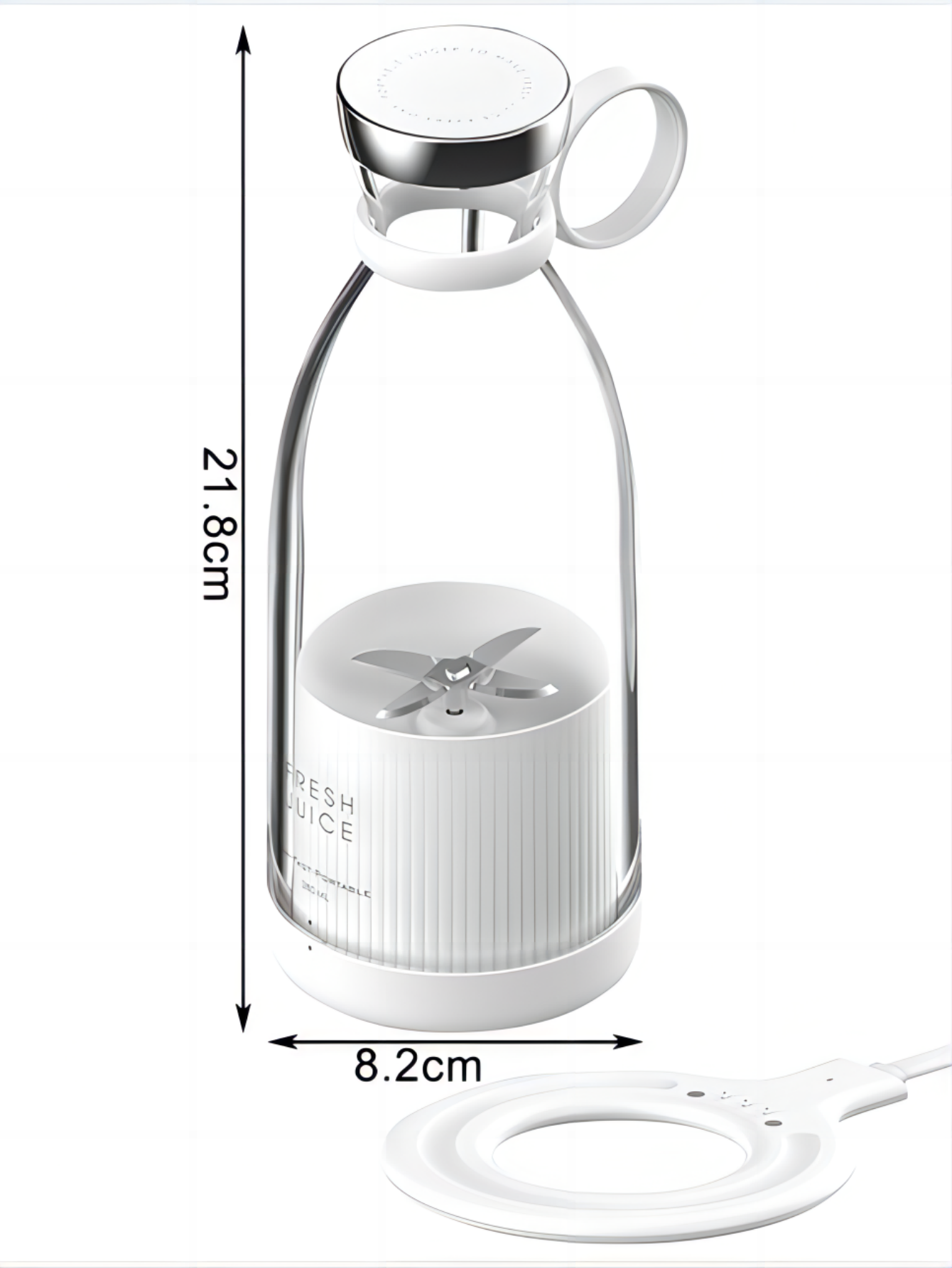 White blender with dimensions labeled on a white background