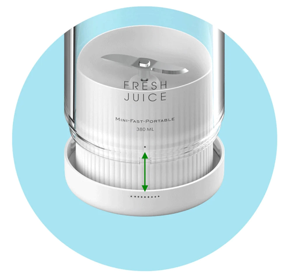 White portable juicer with 'Fresh Juice' branding on a light blue circular background